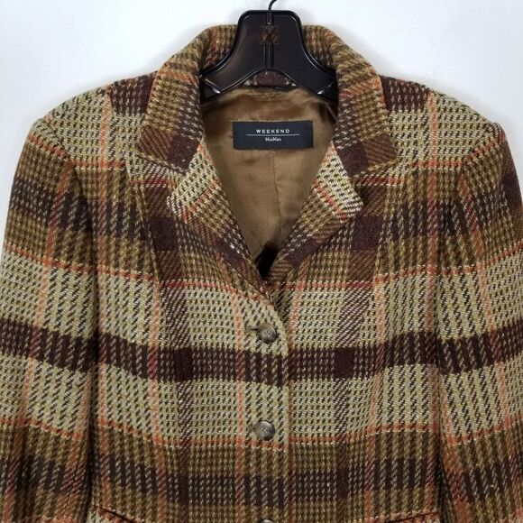 MaxMara Weekend Women 100% Virgin Wool Blazer Jacket Size US 6 Brown Plaid - Picture 2 of 10